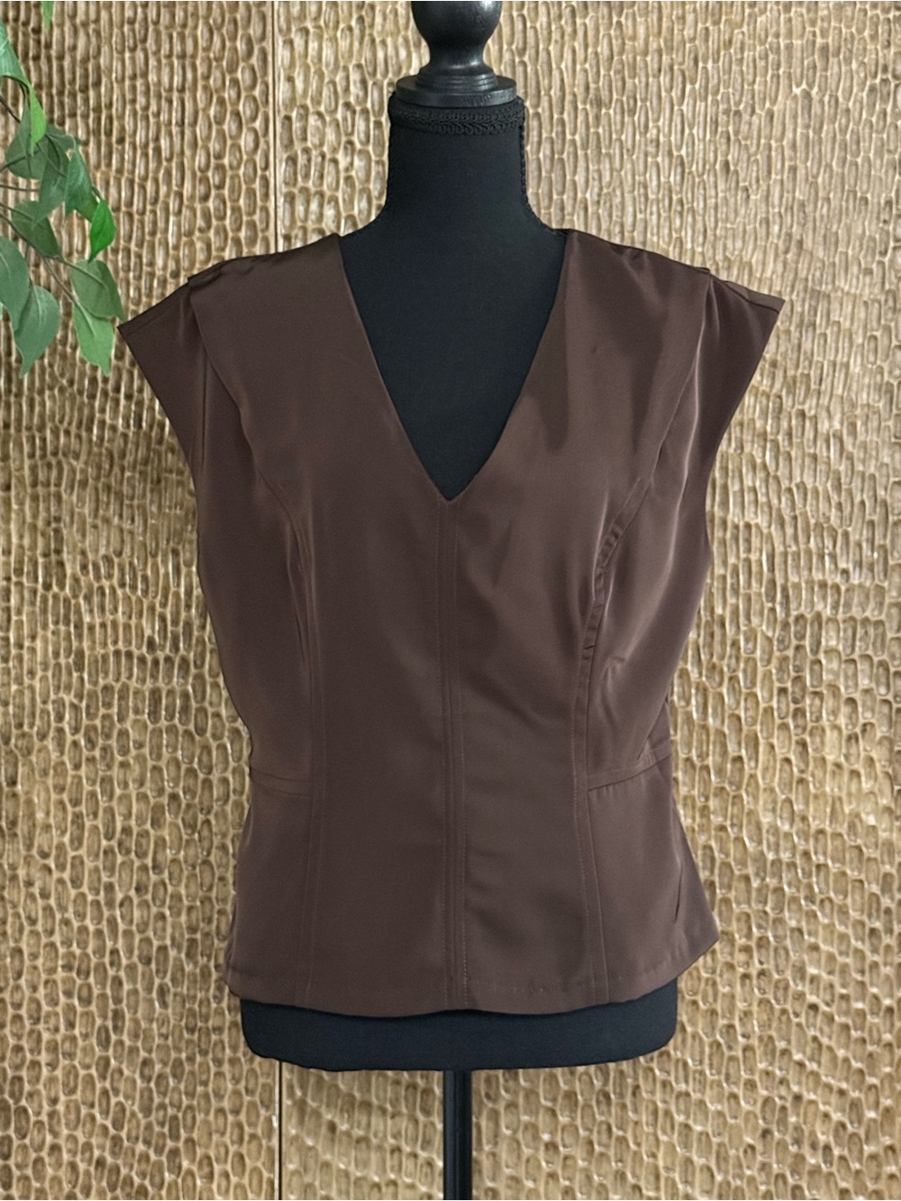 NWT Banana Republic Blouse Chocolate Brown V-Neck Satin Cap Sleeve